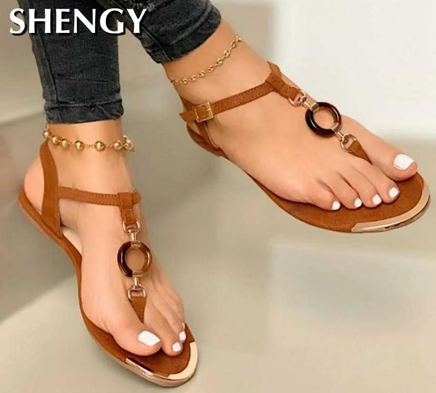 2020 Women Summer Shoes Fashion Flat Heel Clip Toe Feet Roman Buckle Large Size Female Sandals Comfortable Sandalias Mujer