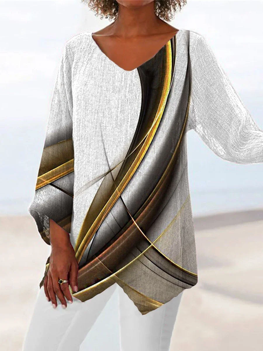 Women Asymmetrical 3/4 Sleeve V-neck Striped Colorblock Top Dress