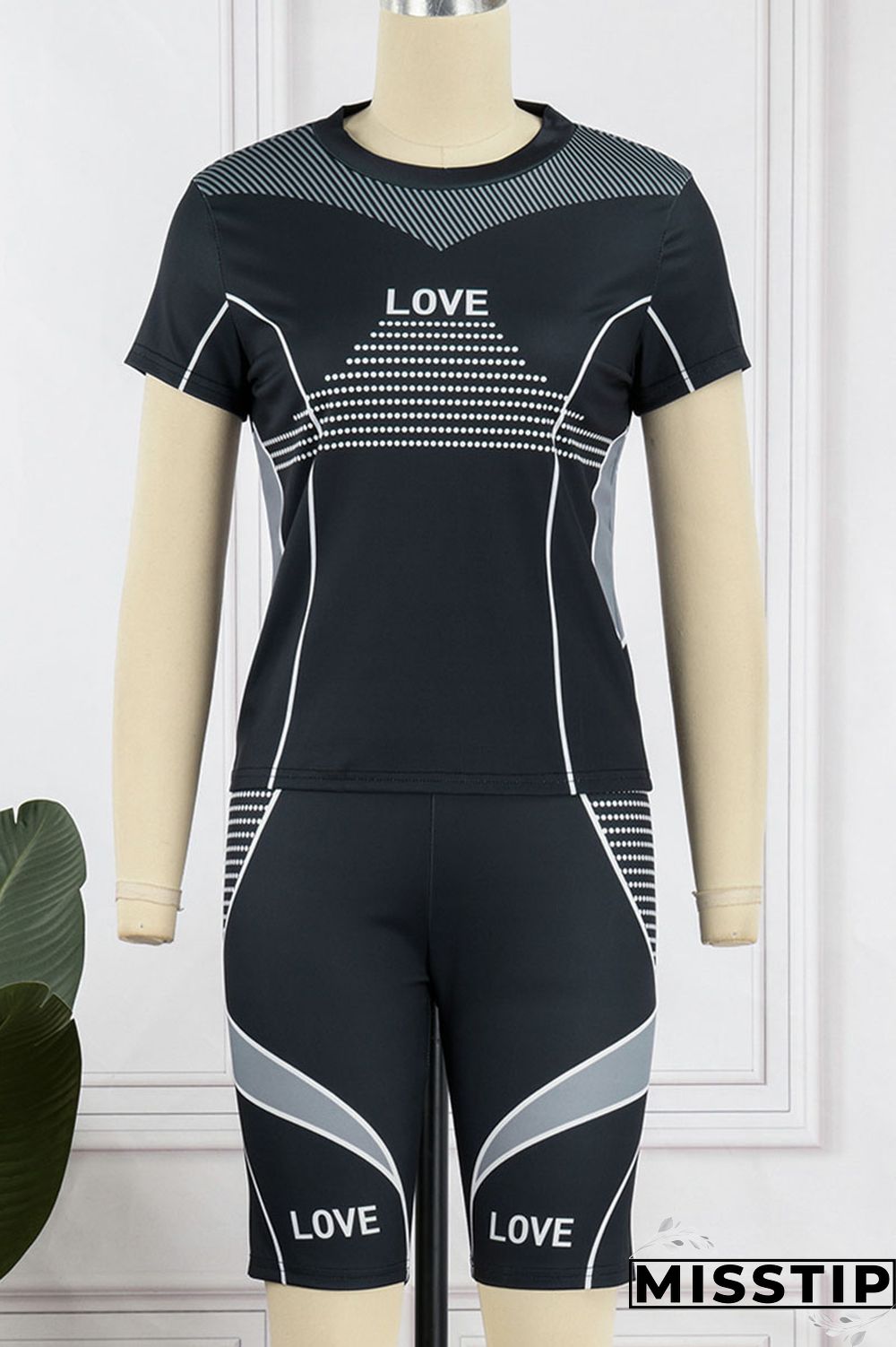Black Casual Sportswear Print Patchwork O Neck Short Sleeve Two Pieces