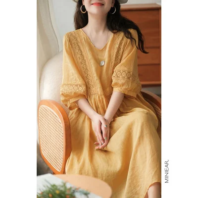 Literary Simple Seven-quarter Sleeve Lace-up Maxi Dress
