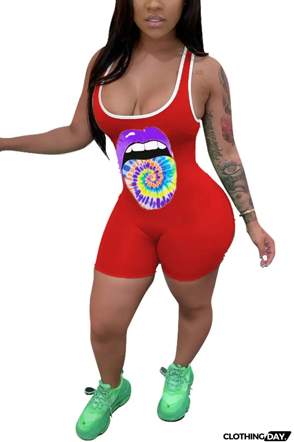 Blue Fashion Casual Print Patchwork Lip Polyester Sleeveless Slip Jumpsuits