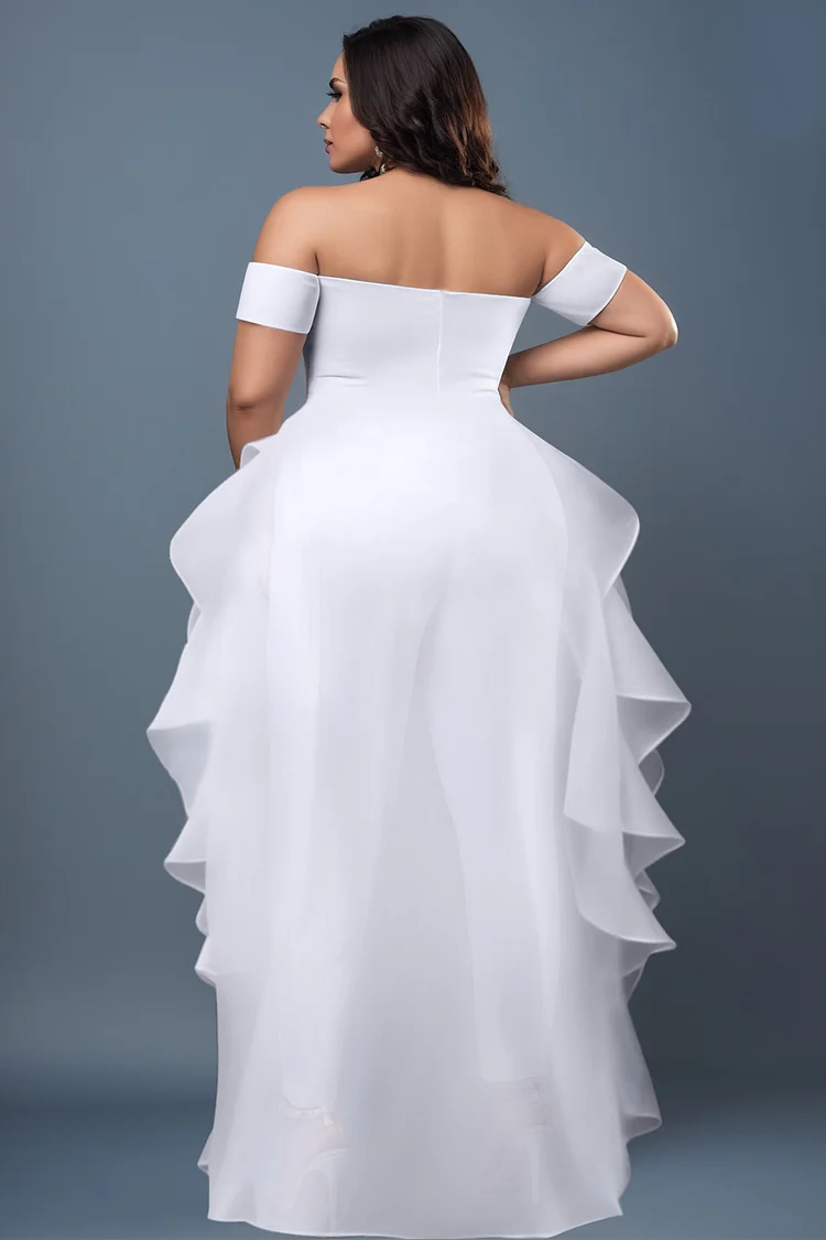 Xpluswear Design Plus Size Formal White Elegant Off The Shoulder Short Sleeve With Skirt Overlay Contrast Jumpsuits [Pre-Order]