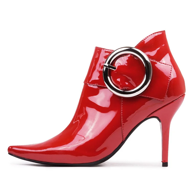 Red Fashion Boots Pointy Toe Buckle Stiletto Heel Ankle Boots |FSJ Shoes