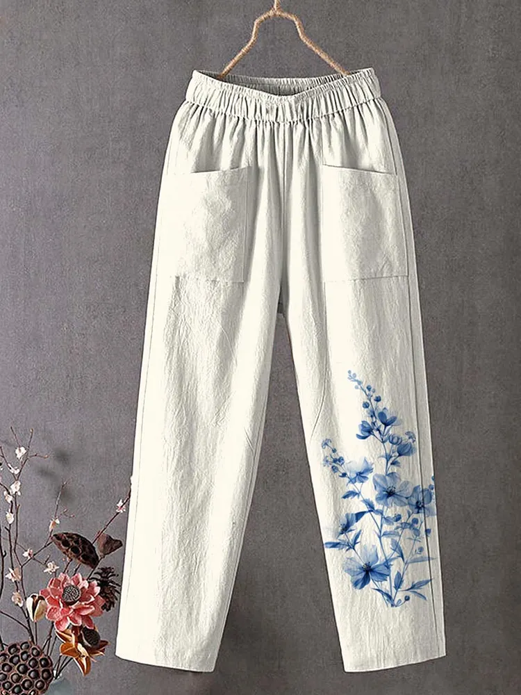 Women's Vintage Floral Art Printed Cotton And Linen Casual Pants