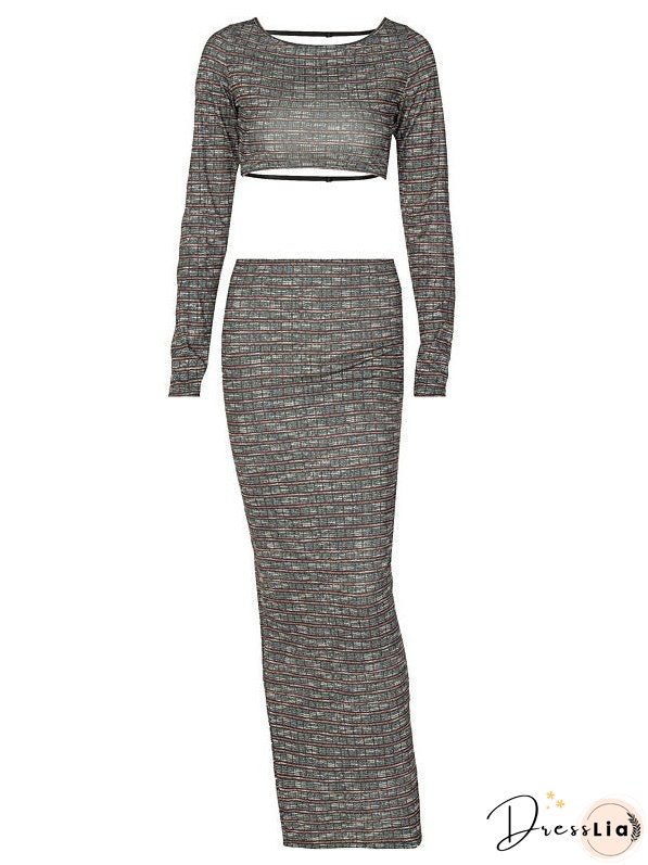 Backless Long Sleeve Top Slim Fit Slit Skirt Set
