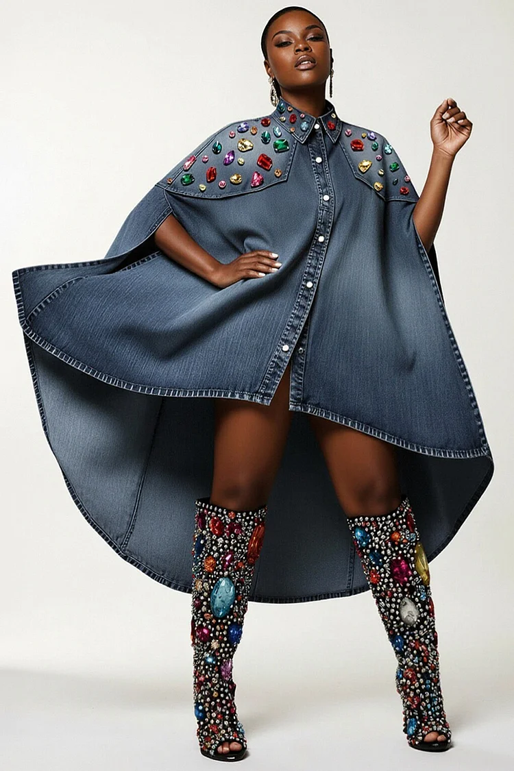 Xpluswear Design Plus Size Party Blue Shirt Collar Half Sleeve Drilling Casual Asymmetric Hem Denim Mini Dresses [Pre-Order]