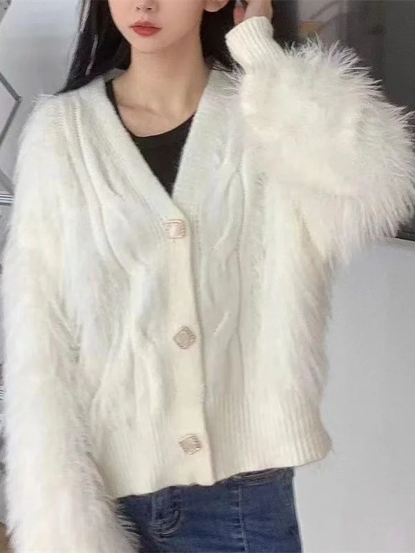 Toloer Toloer Autumn Winter New East Gate Imitation Mink Wool Coat Female Design Sense High Waist Short Knit Cardigan Coat-Outfit Ideas