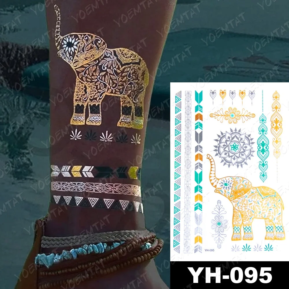 Waterproof Temporary Tattoo Sticker Gold Silver Henna Indian Hand Painted Glitter Tattoos Women Mandala Flower Feather Body Art