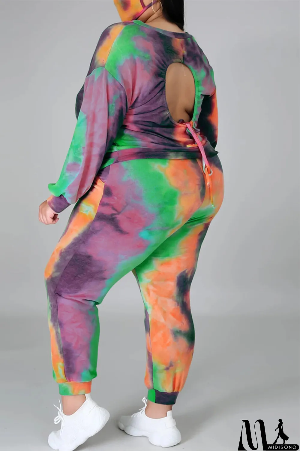 MidiSono - Multicolor Fashion Casual Print Tie Dye Backless O Neck Plus Size Two Pieces