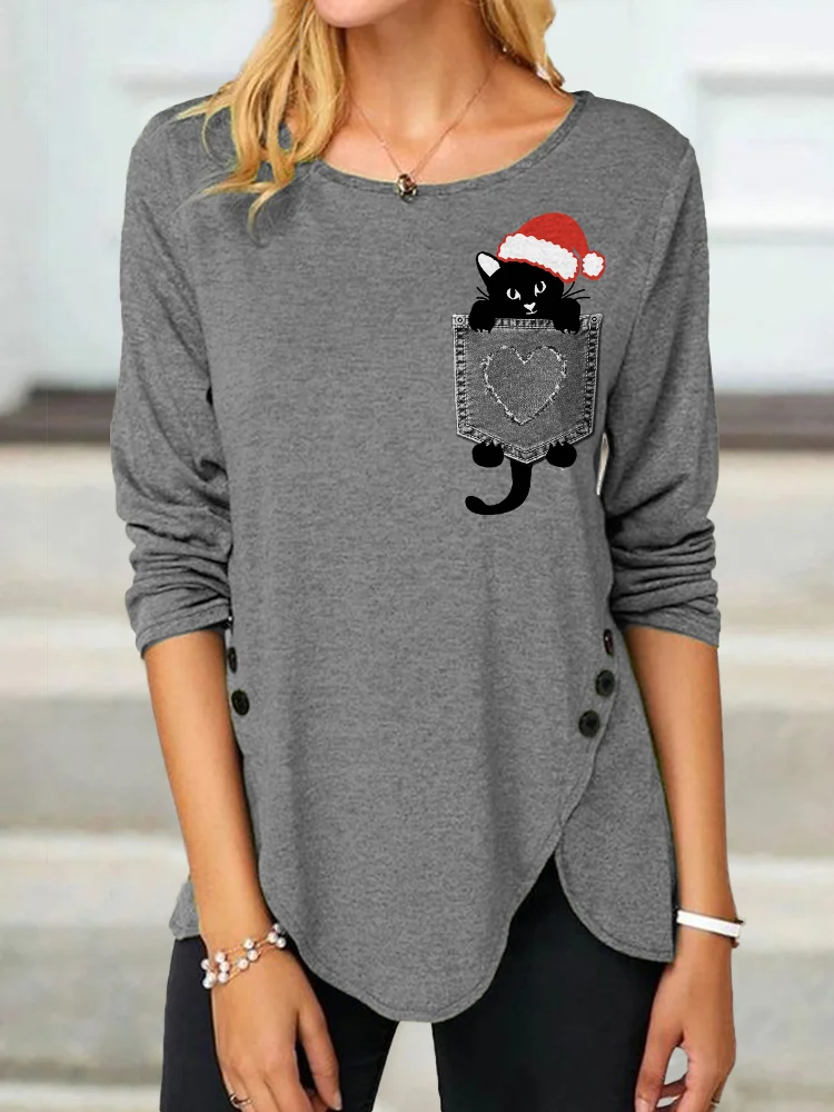 Funny Christmas Hat Cat Solid Button Slit T Shirt