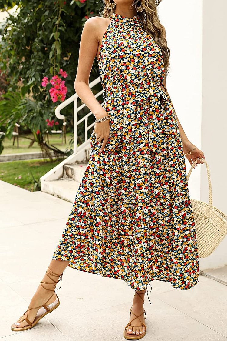 Promsstyle Round neck sleeveless floral printing summer maxi dress Prom Dress 2023