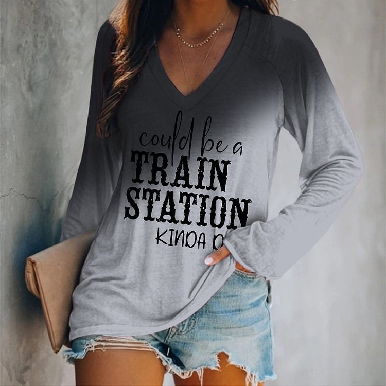 VChics Could Be A Train Station Kinda Day V Neck Long Sleeve T-Shirt