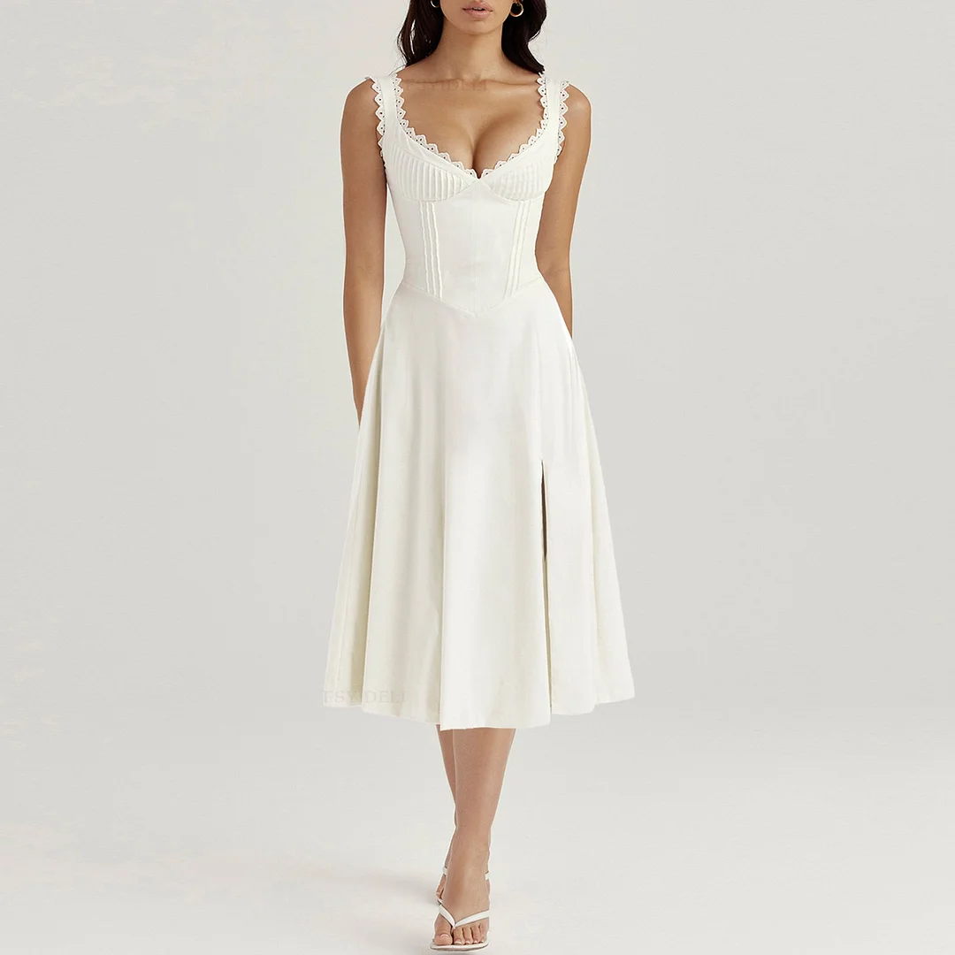 Sweetheart Neckline Sleeveless Lace Up Midi Dress