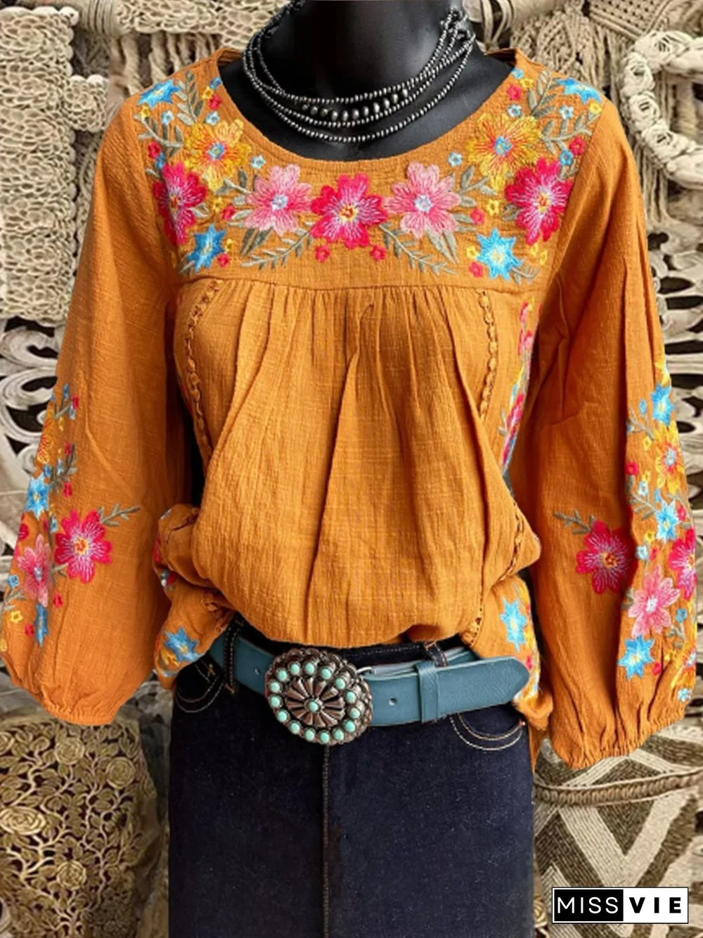 Boho Vintage Flowers A-Line 3/4 Sleeve Tops