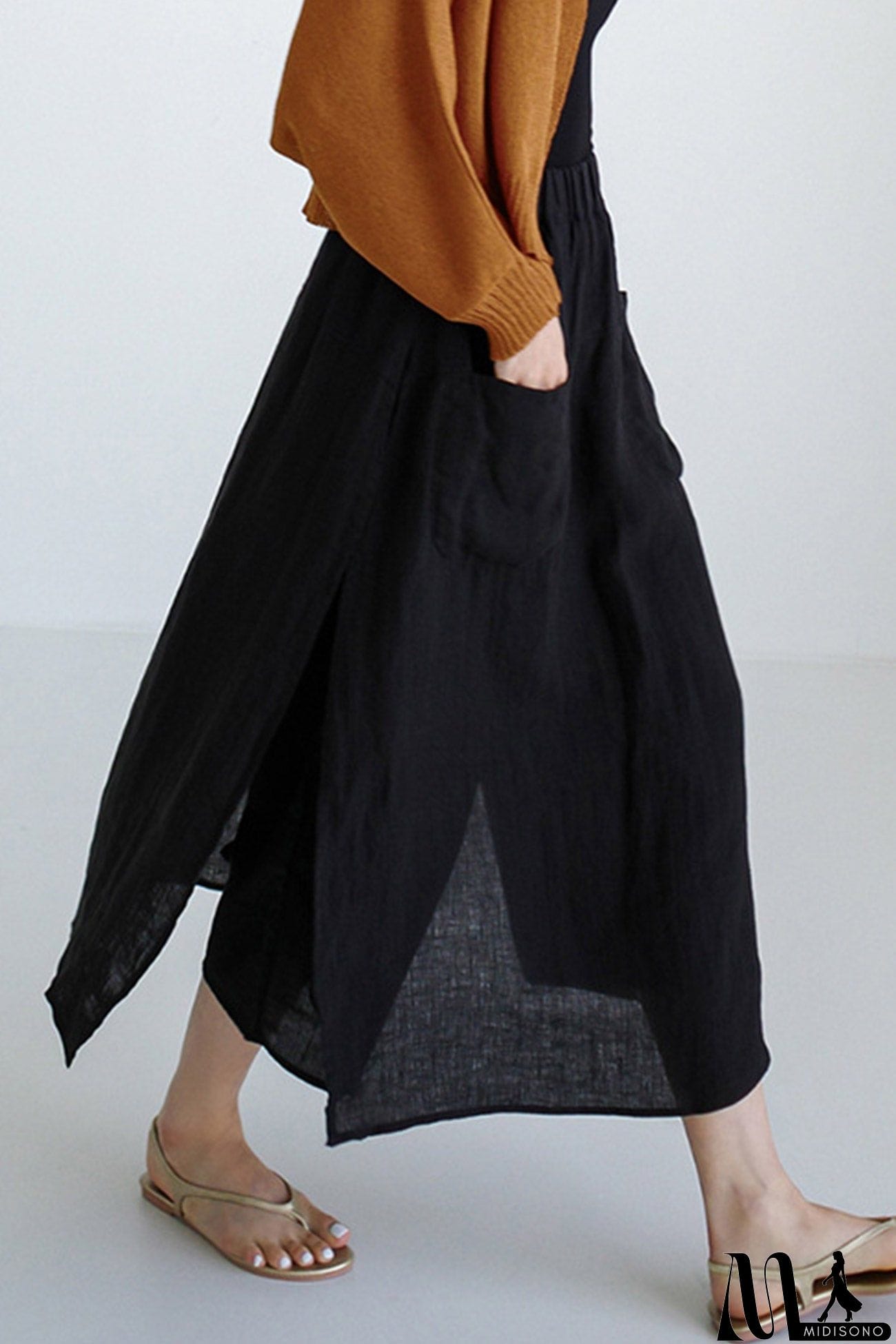 MidiSono - Linen Solid Pocketed Midi Skirt
