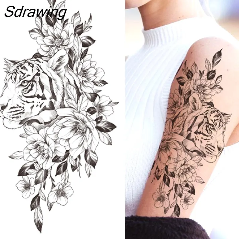 Sdrawing Fake Peony Temporary Tattoos For Women Girl Black Rose Elephant Flower Tattoo Sticker Tiger Anemone Tatoos Half Sleeve 1020-0