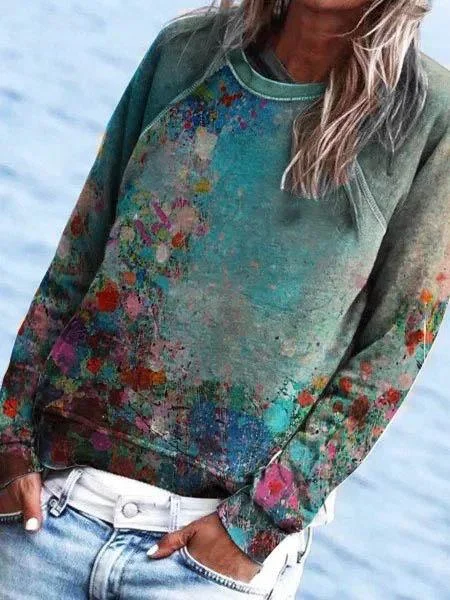 Women Vintage Floral Printed Crew Neck Long Sleeve Shift Sweatshirt Top