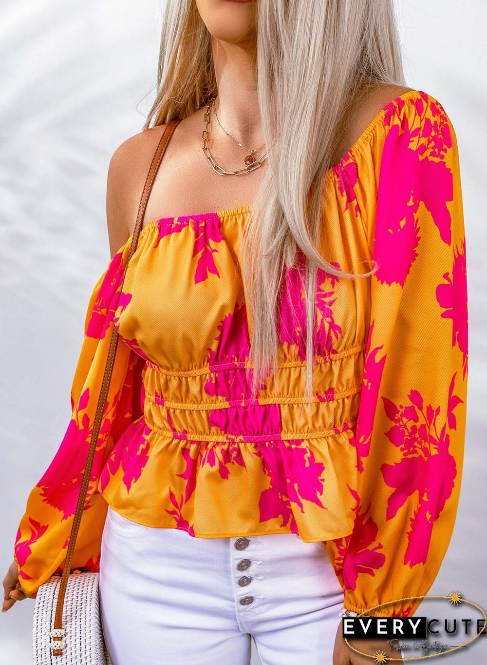 Yellow Floral Print Off Shoulder Puff Sleeve Blouse