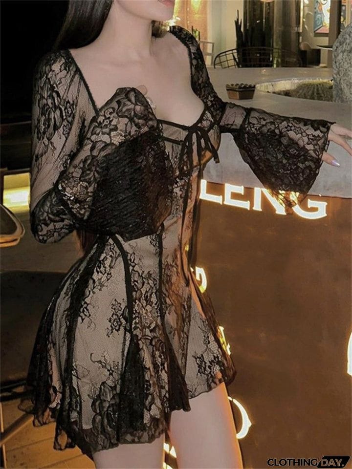 Flared Sleeve Ruffle Sexy Lace Dress for Ladies