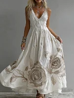 Women's Rose Embroidery Art V-neck Suspender Maxi Dress