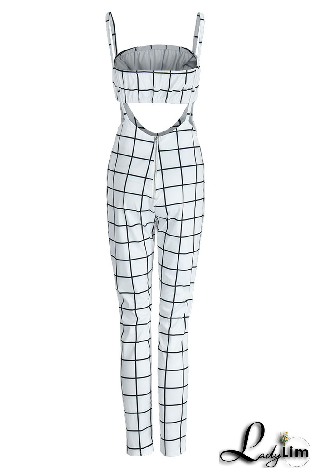 Deep Blue Sexy Plaid Print Split Joint Spaghetti Strap Sleeveless Two Pieces