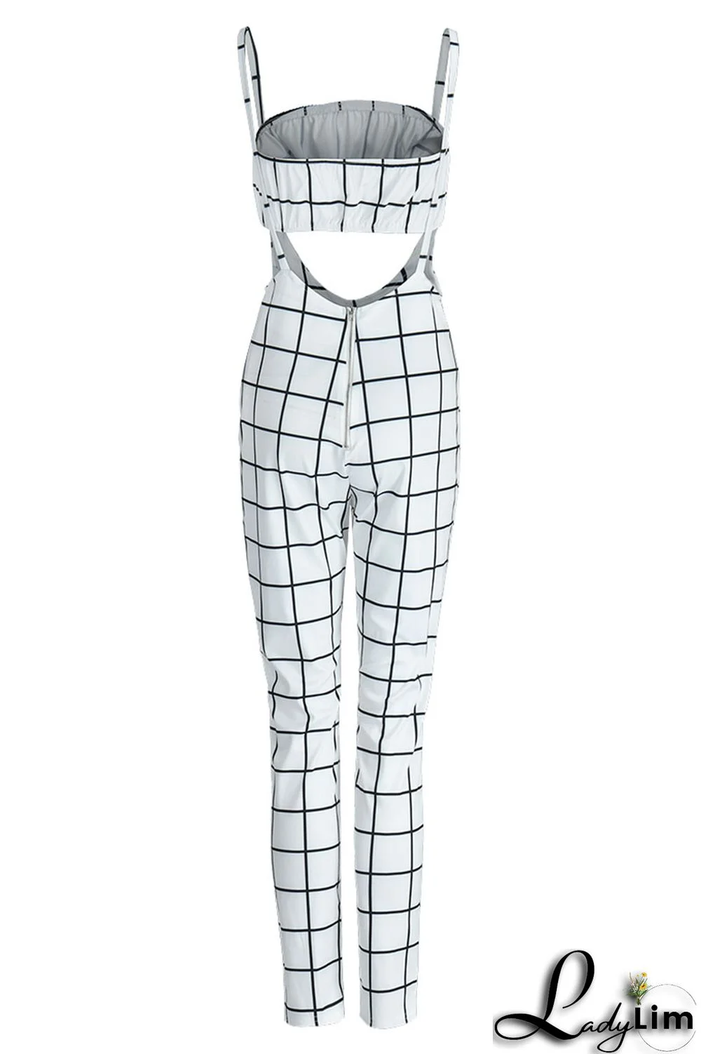 Deep Blue Sexy Plaid Print Split Joint Spaghetti Strap Sleeveless Two Pieces