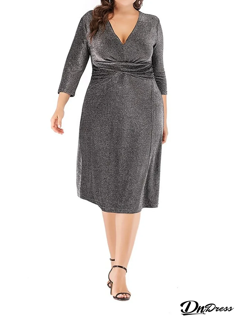 Women's Plus Size Black Dress Party Dress Cocktail Dress Midi Dress Black Gold Gray Long Sleeve Plain High Waist Summer Spring Fall V Neck Elegant Wedding Guest Birthday Vacation XL XXL 3XL 4XL 5XL