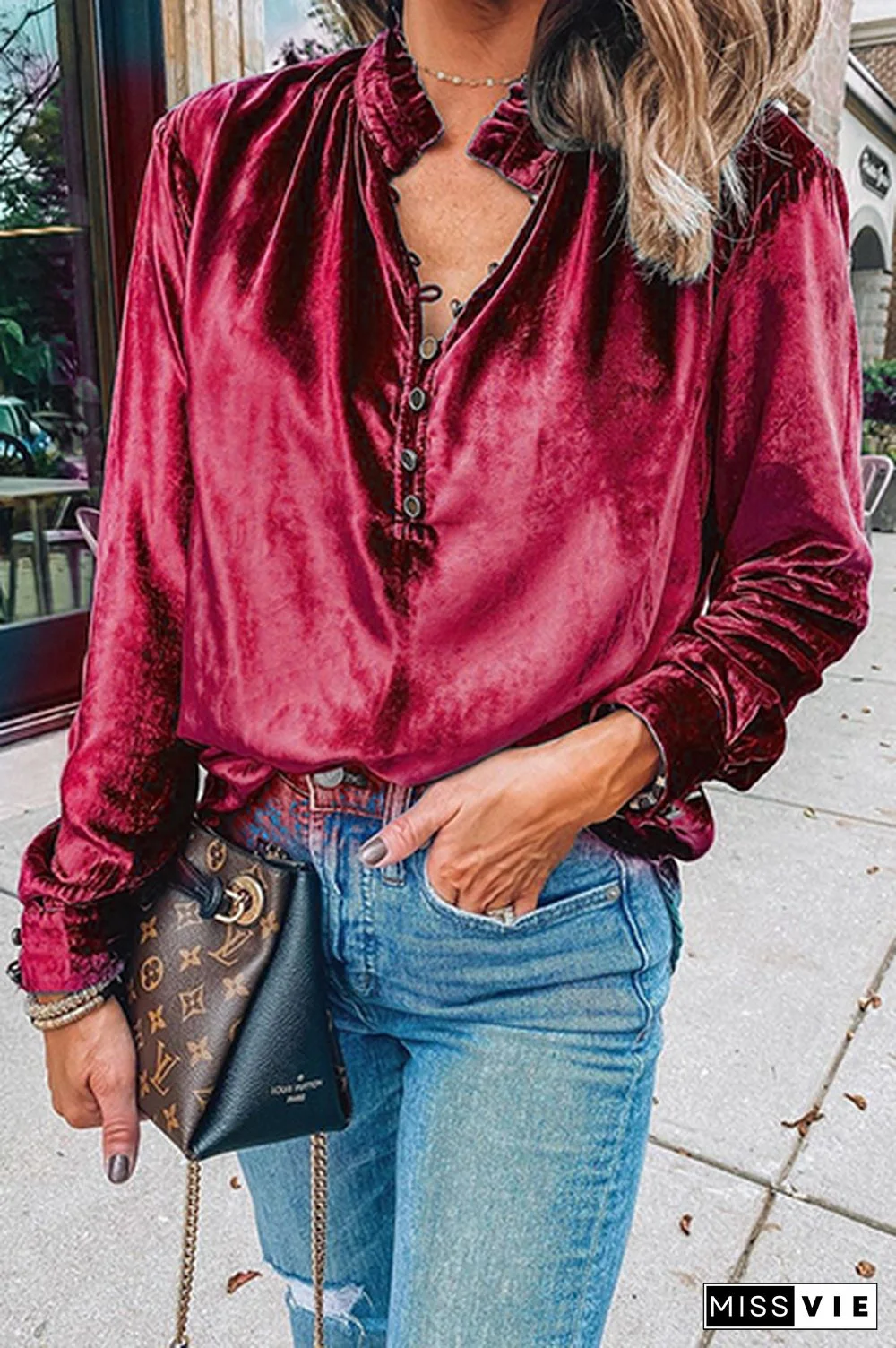 Casual Solid Split Joint Buckle Mandarin Collar Tops