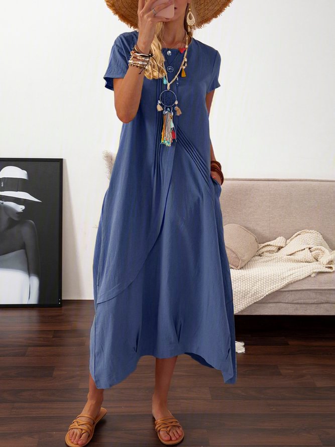 Casual Summer Linen Pockets Pleated Swing Solid Weaving Dress D156- Fabulory