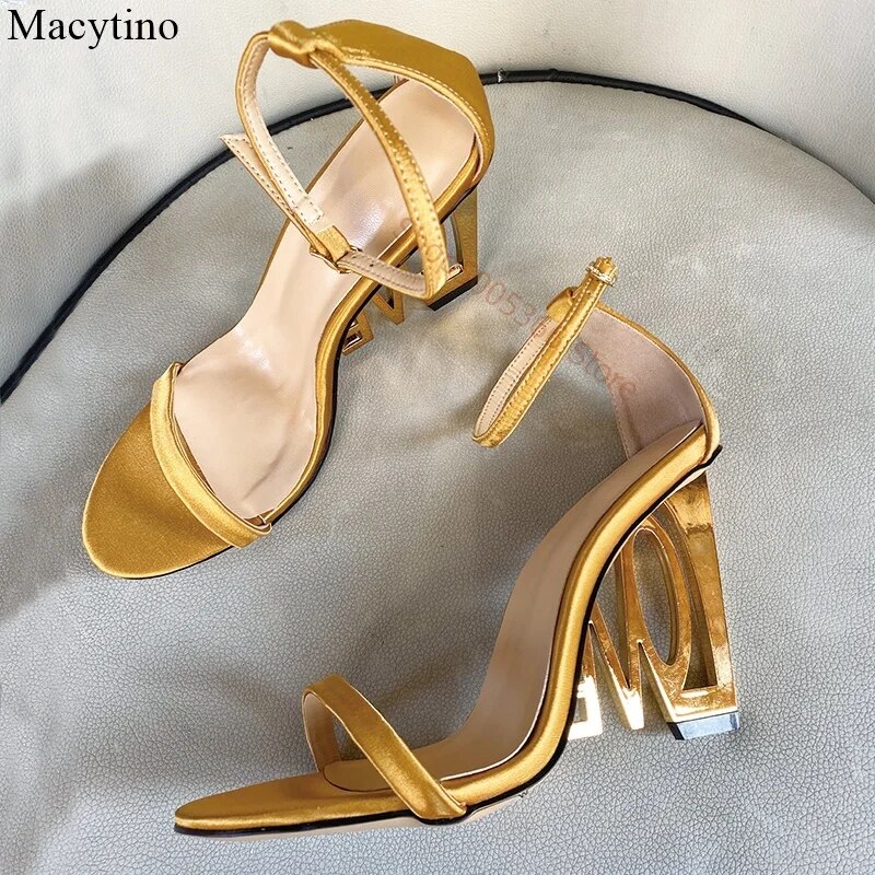 VCSHOES Strange Slipper Gold Love Heel Sandals Women Wedge High Heels Ankle Strap Sandalias Green Party Dress Shoes Female