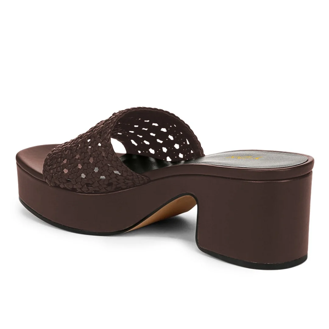 Brown Woven Detail Open Round Toe Block Heel Platform Slide Sandals