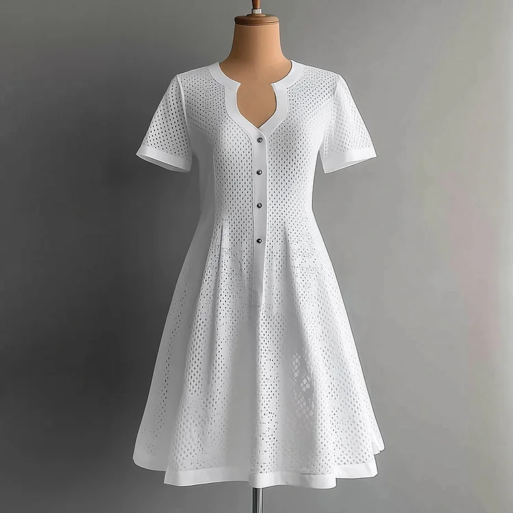 Ursime U Neck Hollow Out Button Short Sleeve Midi Dress