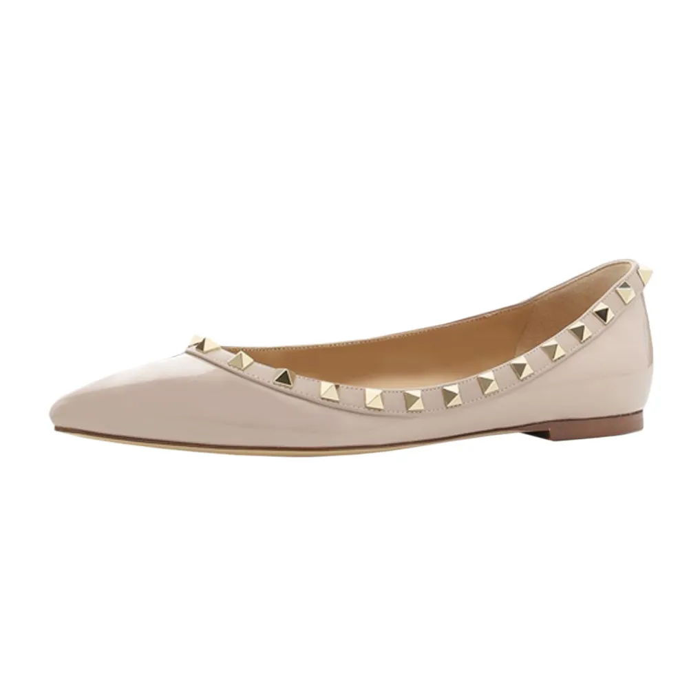 Pointed Toe Flats For Women Fashion Rivets Comfort Ballet Flats Apricot Shoes-vocosishoes