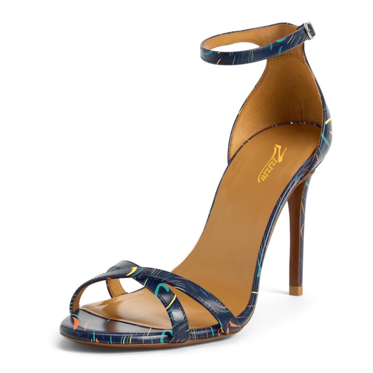 Navy Blue Buckle Ankle Strap Heeled Sandals with Colorful Print Nicepairs