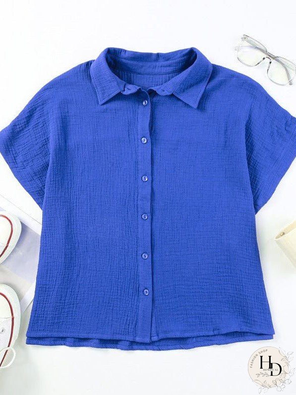 Versatile Solid Collar Loose Fit Blouse with Short Sleeves
