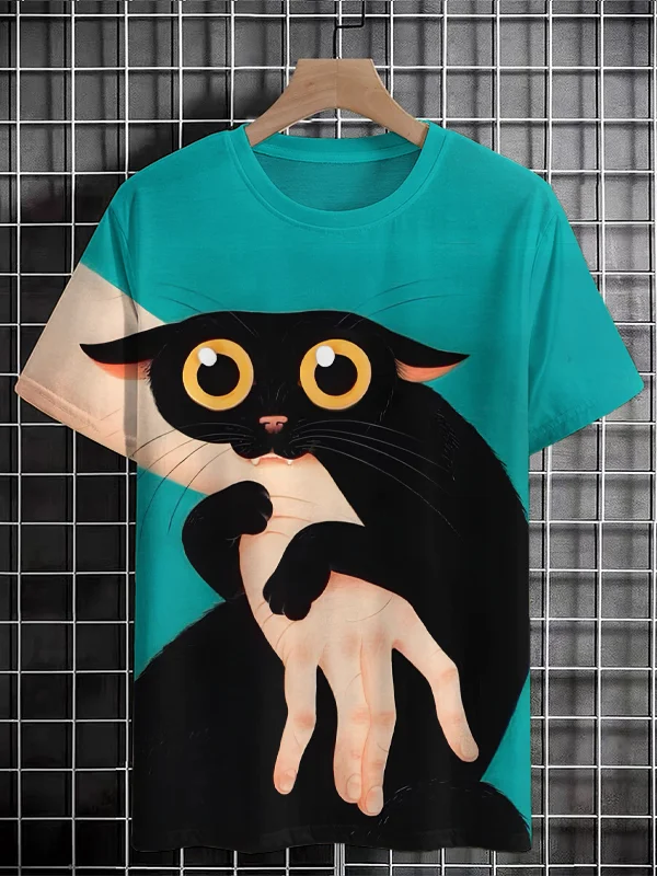Men's Cute Black Cat Biting On The Back Of The Hand Art Print Casual T-Shirt
