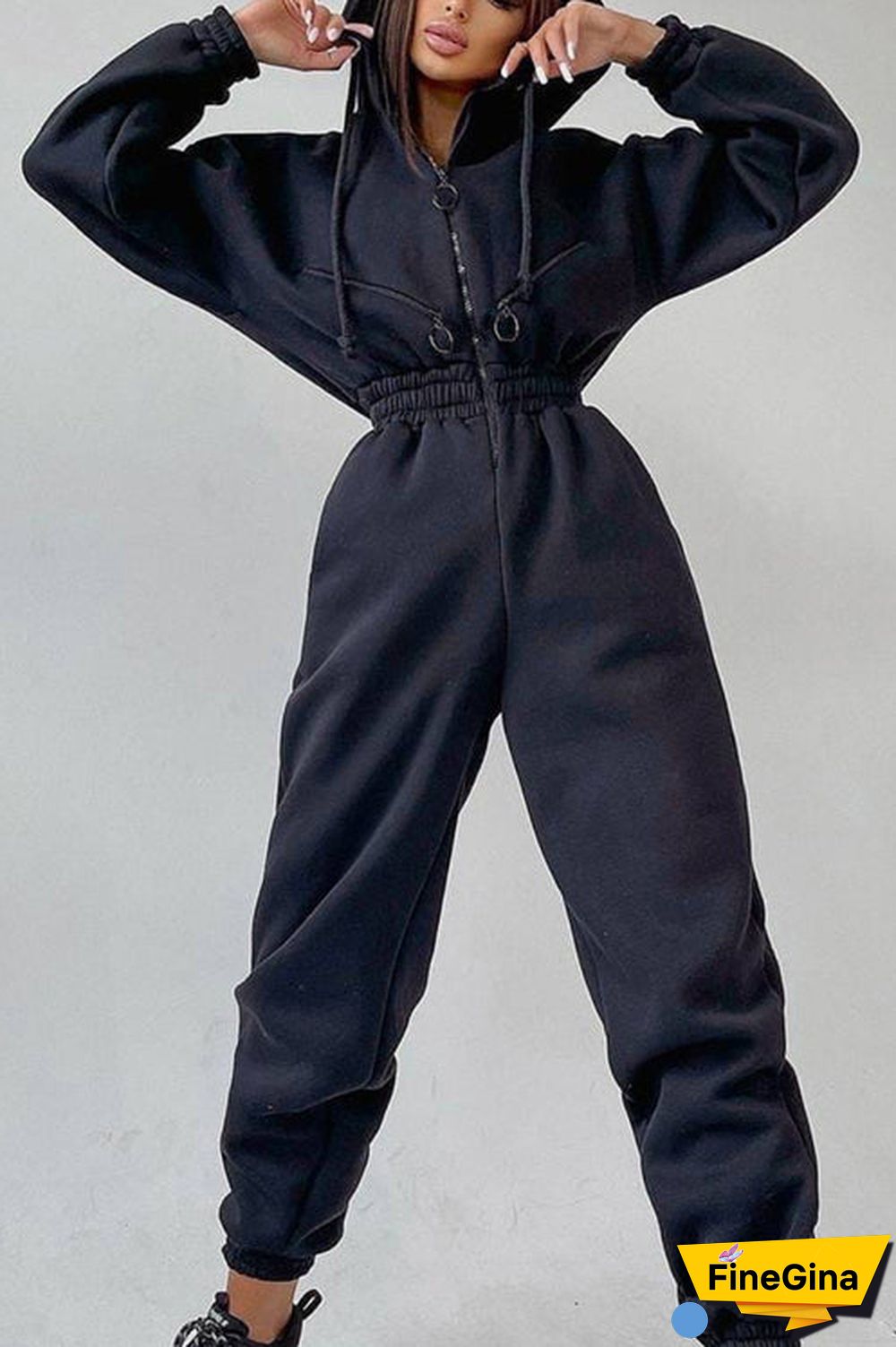 Zip Up Drop Shoulder Hooded Jumpsuit