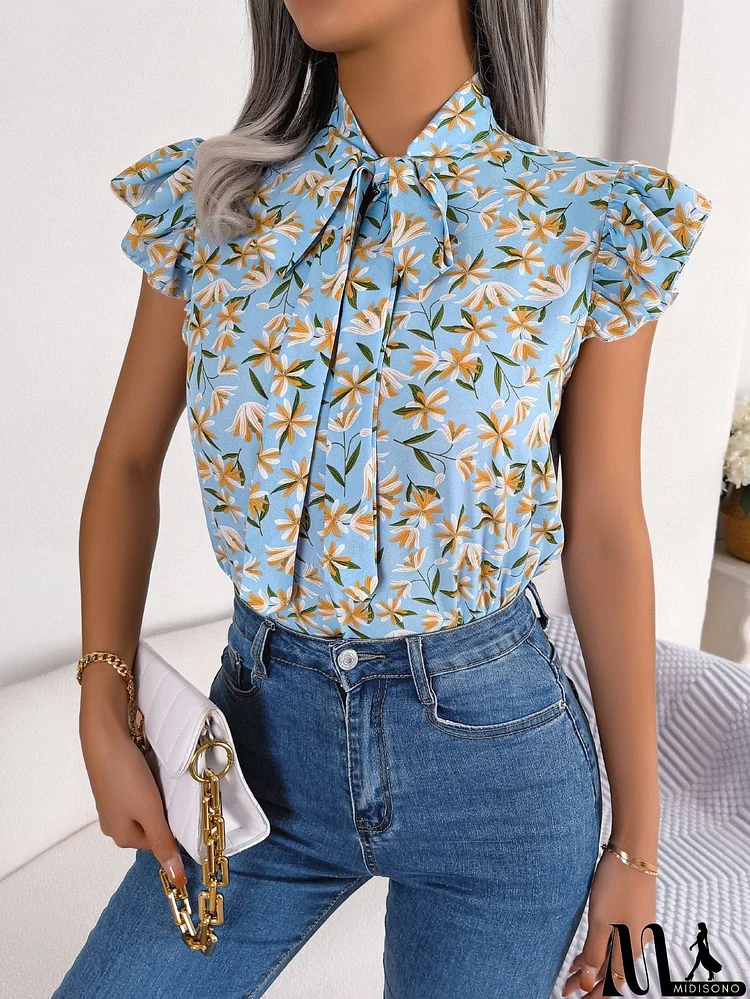 Floral Tie Neck Flutter Sleeve Blouse