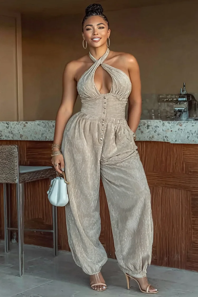 Texture Cross Halter Cinched Button Up Tapered Leg Jumpsuit-Khaki [Pre Order]
