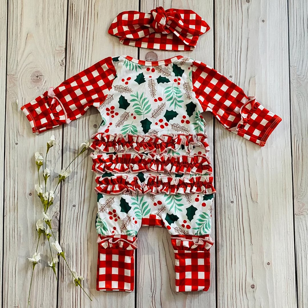2PCS Lovely Christmas Plaid Printed Baby Jumpsuit