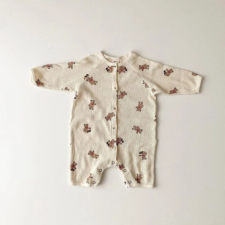 Baby Girl Allover Bear Print Crewneck Long Sleeve Waffle Romper