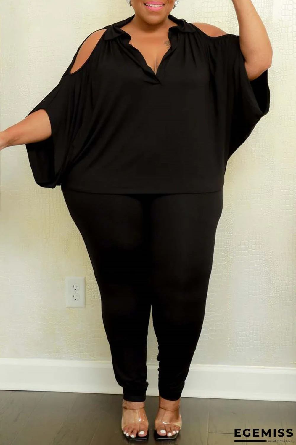 Black Fashion Casual Solid Hollowed Out V Neck Plus Size Two Pieces | EGEMISS