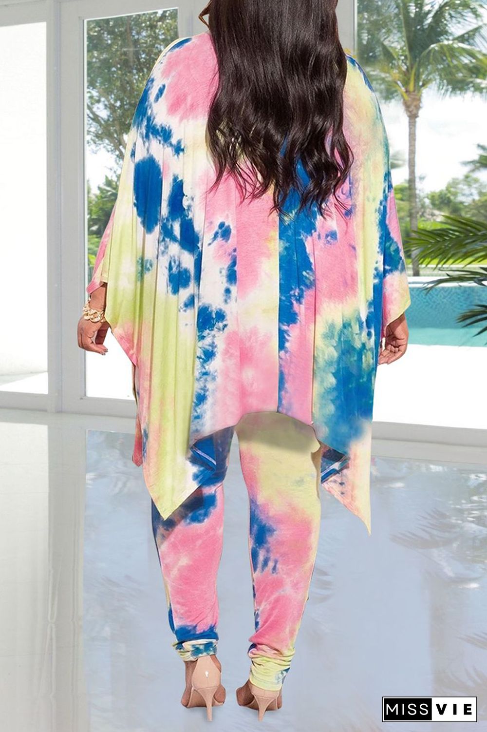 Casual Patchwork Tie-Dye V Neck Plus Size Two Pieces