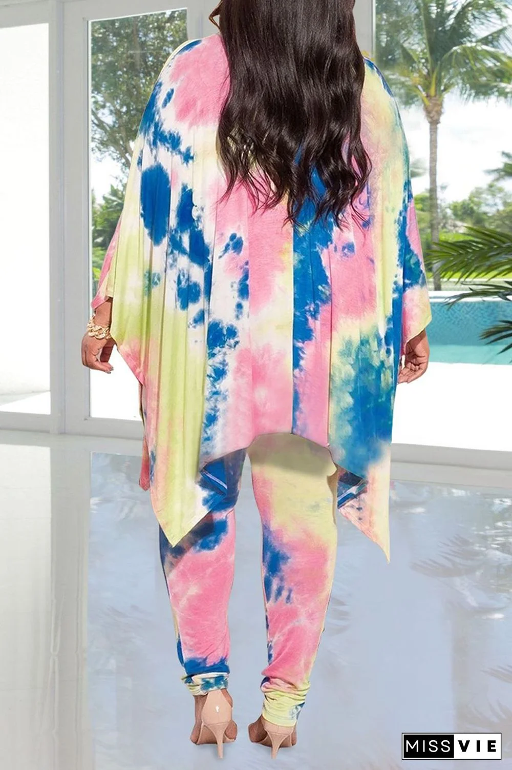 Casual Patchwork Tie-Dye V Neck Plus Size Two Pieces