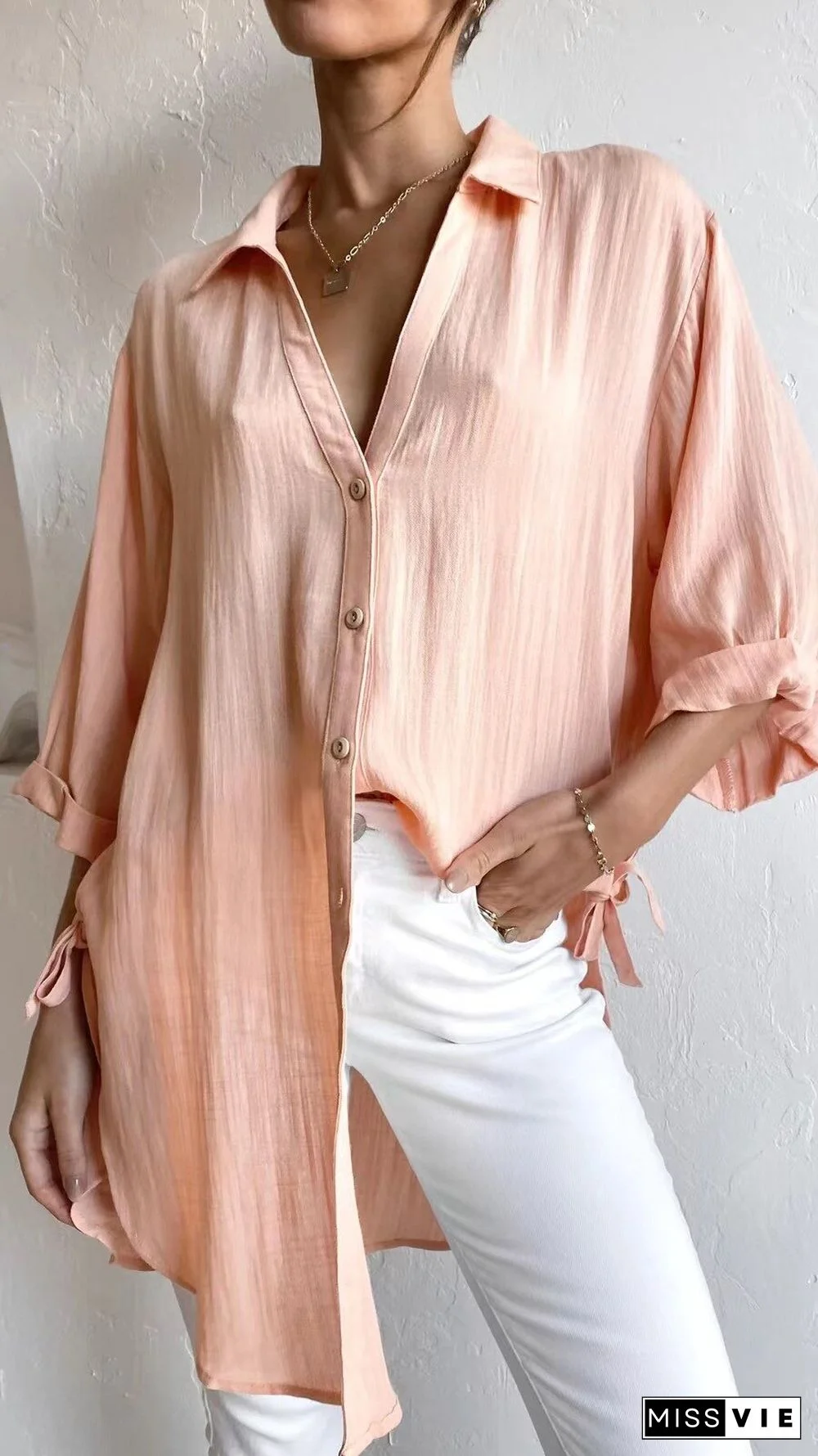 Fashion New Women's Polo Shirt Side Tie Seven-point Trumpet Sleeve Casual Solid Color Cotton And Linen Long Shirt