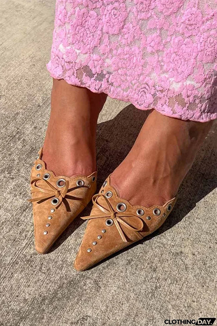 Suede Point Toe Bow Hollow Mule Pumps