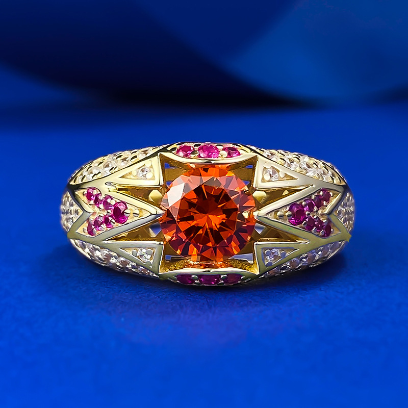 MIKAMU S925 Silver 6.5mm Round Fanta Orange Ring - 1 Carat Luxury Wide Band Pave Gold Ring