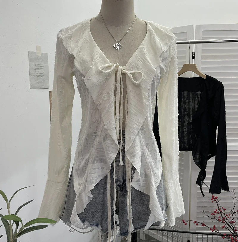 Zingj Dark Wind To Make Old Hole Horn Long Sleeve Open Shirt Tie With Lotus Leaf Side V Collar Sunscreen Shirt 9280