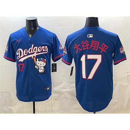 Men's Los Angeles Dodgers #17 Shohei Ohtani Royal Hello Kitty Night 2025 World Series Champions Patch Stitched Baseball Jersey WHU0