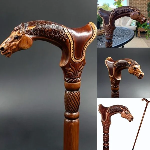 Designer Art Wooden Cane Walking Stick Horse with Saddle